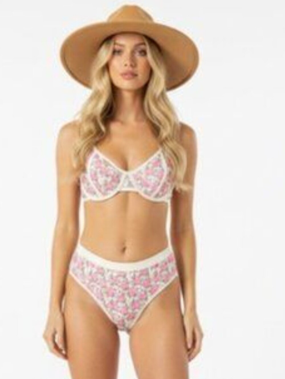 Caroline Constas Pink Floral Underwire Bikini Set with White Trim NWOT